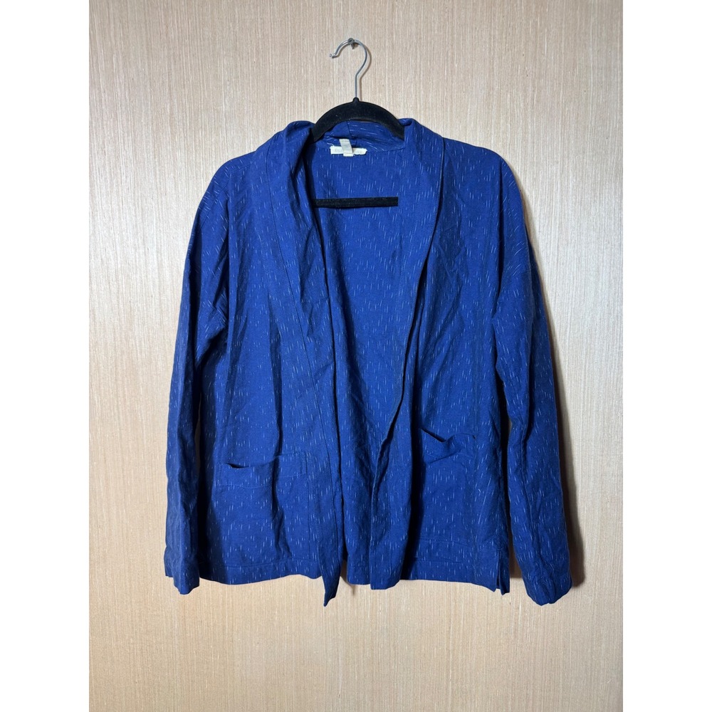 Eileen Fisher Blue Organic Cotton Dash Pattern Open Front Jacket Womens XS TP